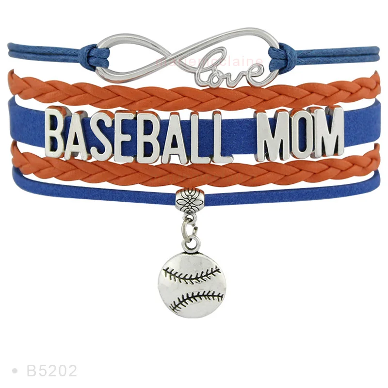 

All Stars Baseball Coaches Mom Charm Leather Wrap Men Baseball Bracelets for Women, Silver plated