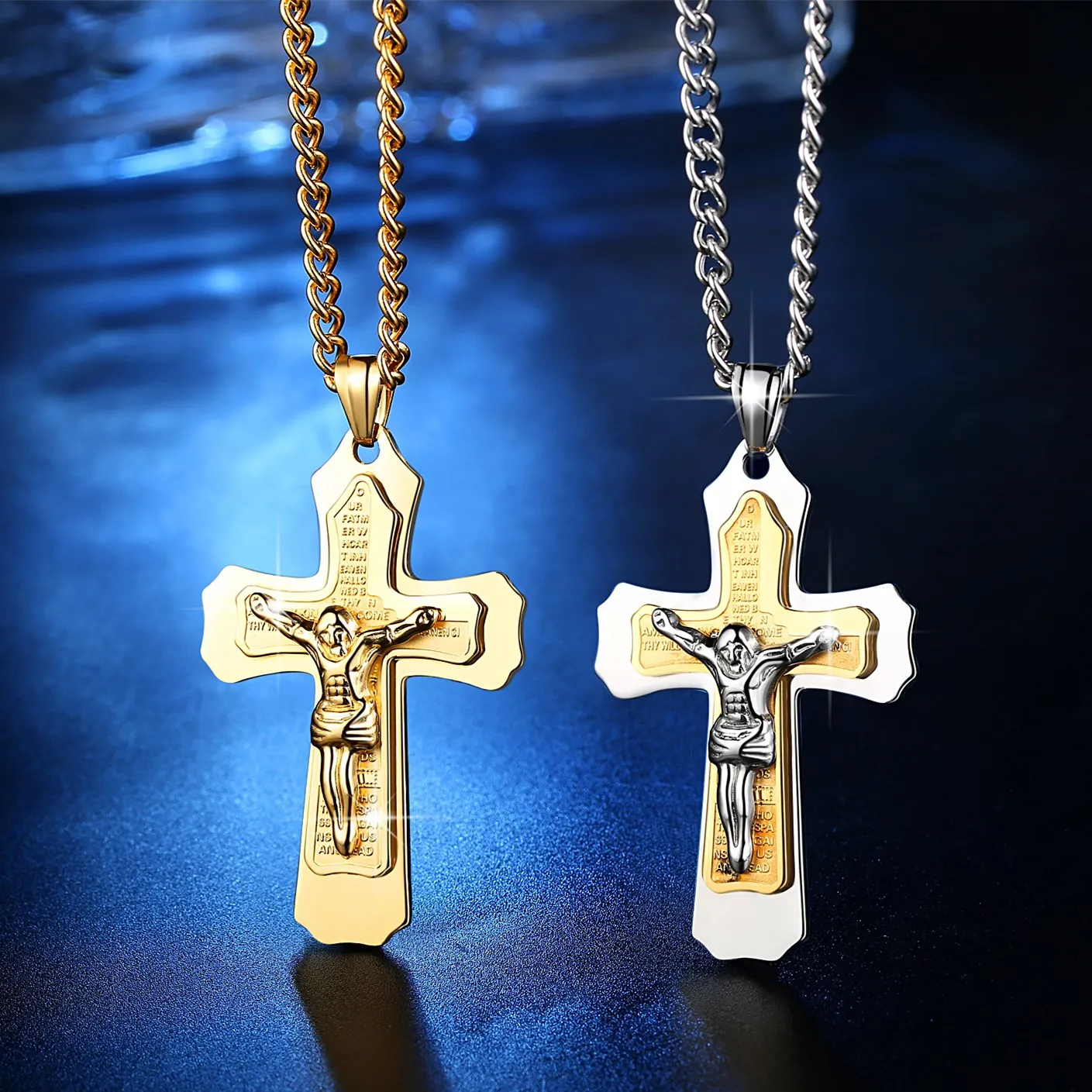 

Gold Multilayer Cross Christ Jesus Pendant Necklace for Men Stainless Steel Men's Chain Gift Jewelry 60cm, N/a