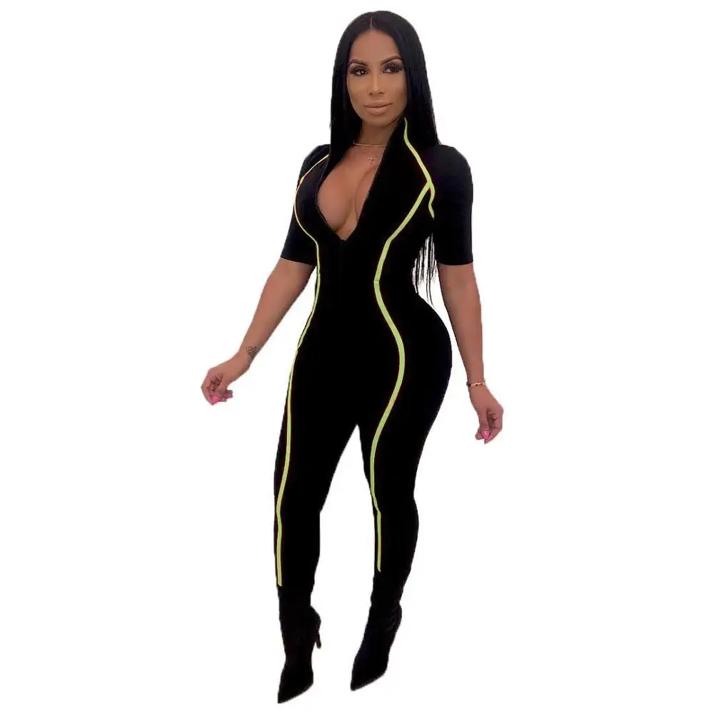 Black Sexy Bodycon Jumpsuit Romper Long Sleeve Bodysuit Women Zipper V Neck Jumpsuits Elegant Full Length Y11406