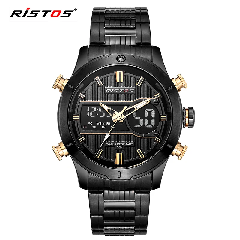 

RISTOS 9360 Men's Quartz+Digital watch Fashion&Casual Watch LED Stainless Steel Band watch