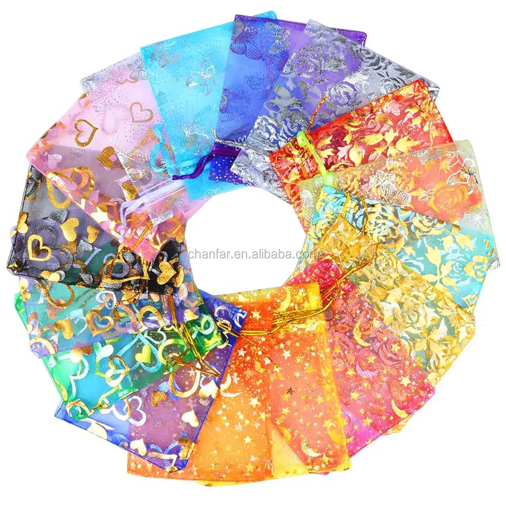 

9*12CM Colorful Small Cheap Promotion Flower Star Pattern Drawstring Organza Bags