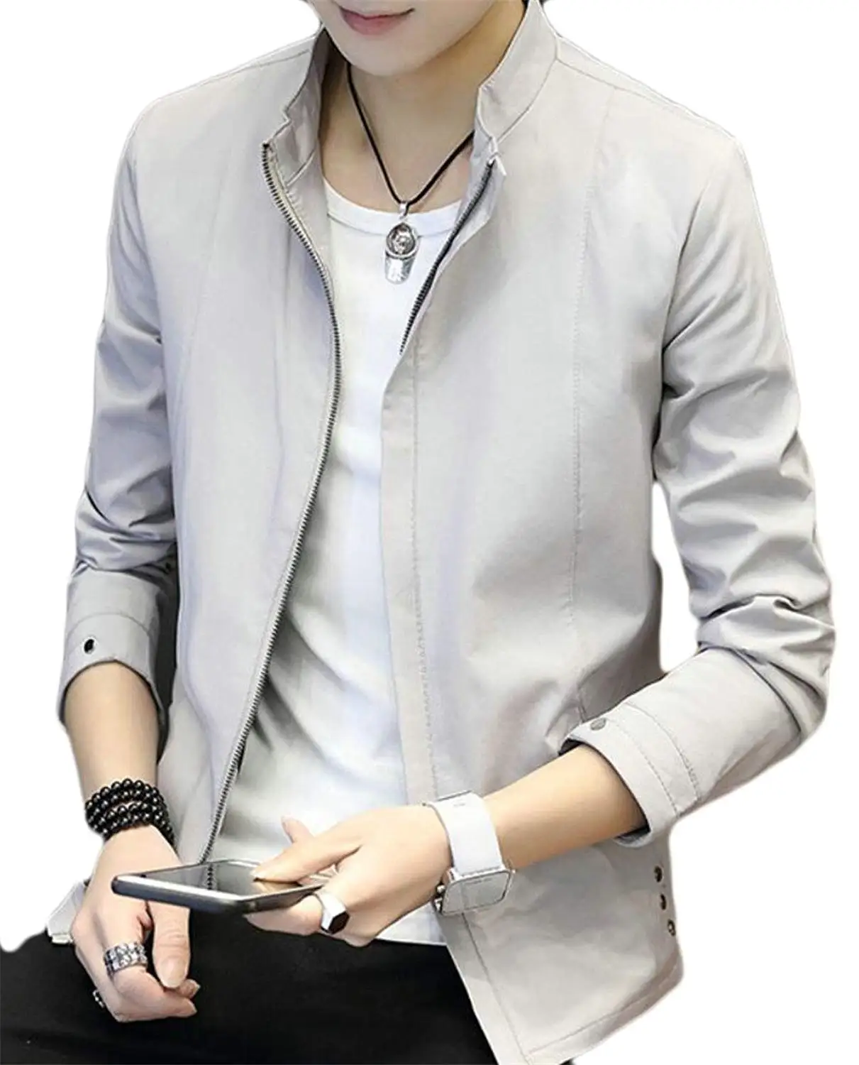 LianXiYou Men Long Sleeve Banded Collar Floral Print Fitted Mid Long Shirt