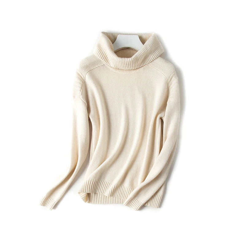 Luxury female 35% cashmere large collar turtleneck sweater knitted