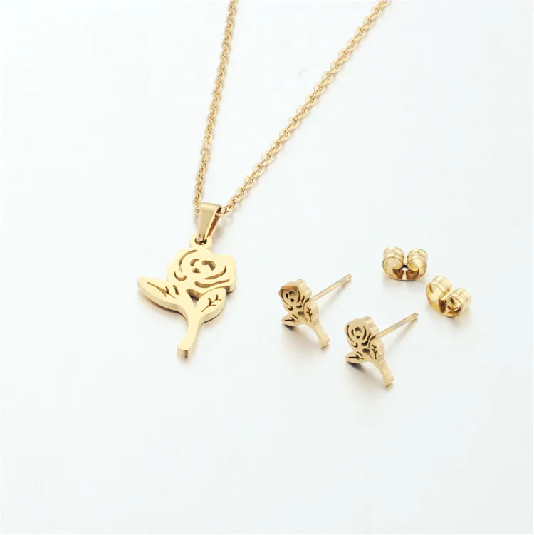 

Wholesale gold plated jewelry set stainless steel fashion rose flower necklace stud earring sets, As picture