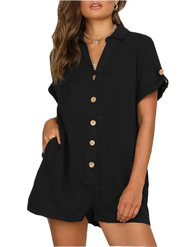 

2019 New Women's Clothing one-piece Shirt short-sleeve V-neck button cotton linen Loose Casual women Jumpsuit With Pocket, Black;pink;khaki;red;white