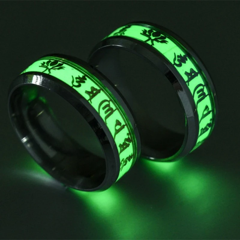 

Finger Ring Buddhist Mani Padme Hum Noctilucent Luminous 316L Stainless Steel Rings