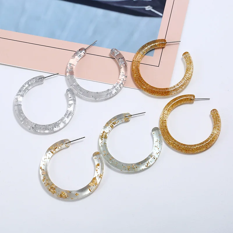 

Women Fashion Geometric C Shape Acrylic Earrings Gold Foil Lucite Hoop Earrings