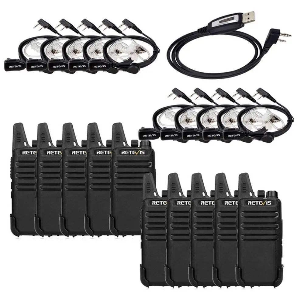 

10Pack Retevis RT22 Long distance Walkie Talkies hand free 2W UHF462-467MHz 16CH 2-Way Radio With Earpiece+Programming Cable, Black