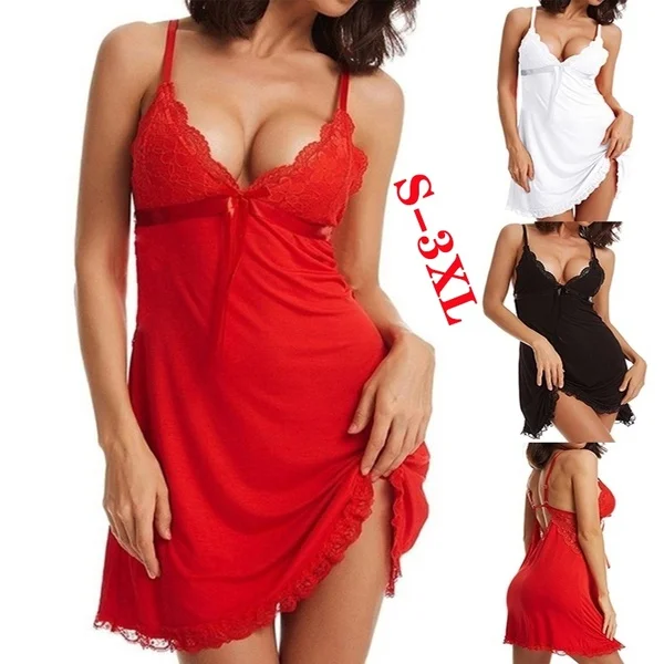 

Women Fashion Lingerie Nightgowns Ladies Backless Robe Lace V-neck Nightdress Underwear Pajamas, As shown