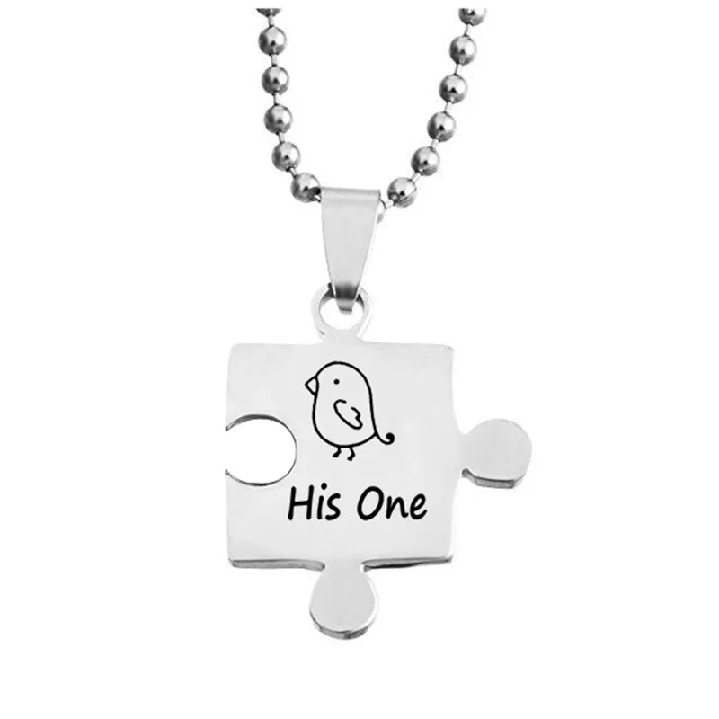 

Her Only His One Letter Engraved Pendant Stainless Steel Jigsaw Puzzle Couple Necklace, Silver