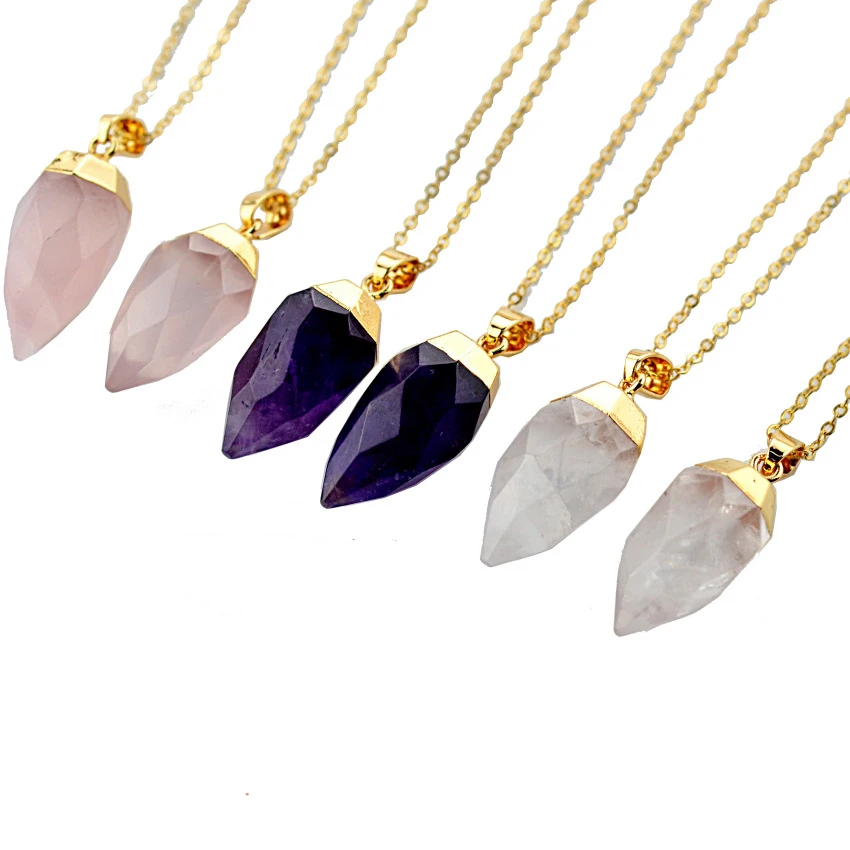 

Bohe Trend Pink White Purple Gemstone Gold Quartz Natural Healing Crystal Pendulum Pendant