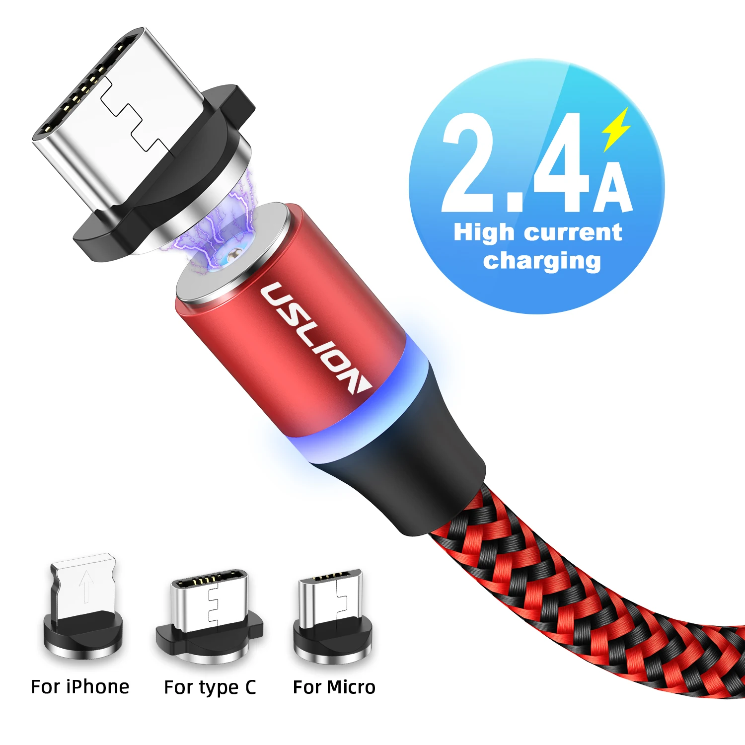 Free Shipping USLION Magnetic Charger Cable Nylon Weave USB Cable for Android Charger Cable for Type C