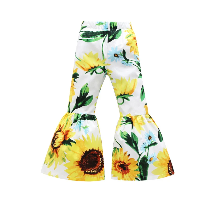 RTS cheap wholesale girls summer flare pants milk silk sunflower print girls bell bottom pants