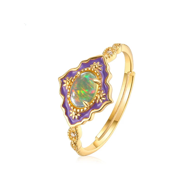 Vintage gold vermeil enamel 925 Sterling silver jewelry fire natural opal ring for woman