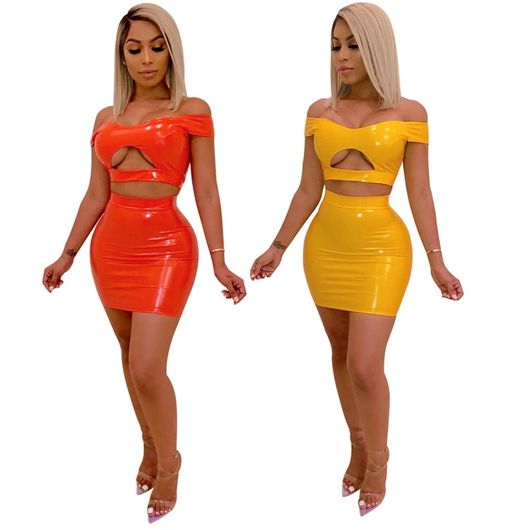 

Fashion Women Clothes 2 Pieces Outfit Faux Leather Corsets for Women PU Crop Top Short Skirt Set Sexy Clubwear