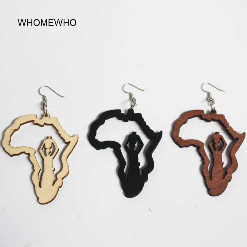 

Hollow Out Wood Africa Map Hiphop Black Geometric Round Afro Drop Earrings Wooden African Club Jewelry Free Shipping, Picture