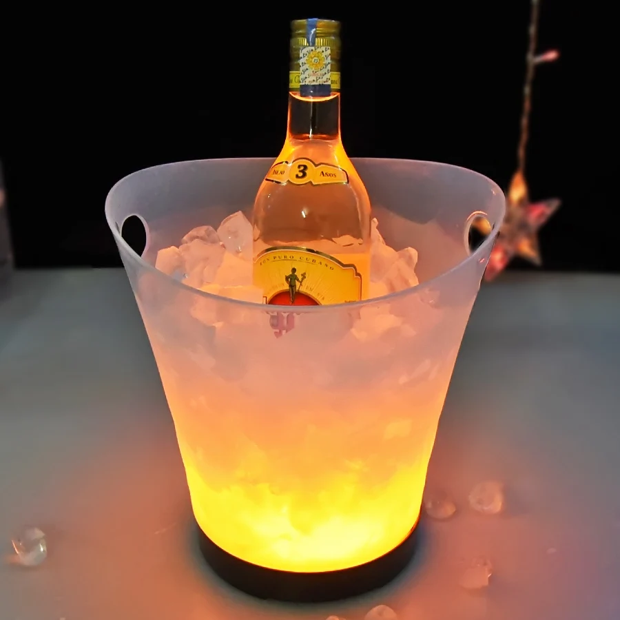 

Factory OEM 5L glod color round clear acrylic ps plastic beer wine vodka light up rechargeable battery led ice bucket with stand, Custom color you want