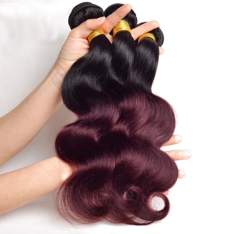 

two tone black to wine red color human hair weaving hot sell human hair extension, Natural color