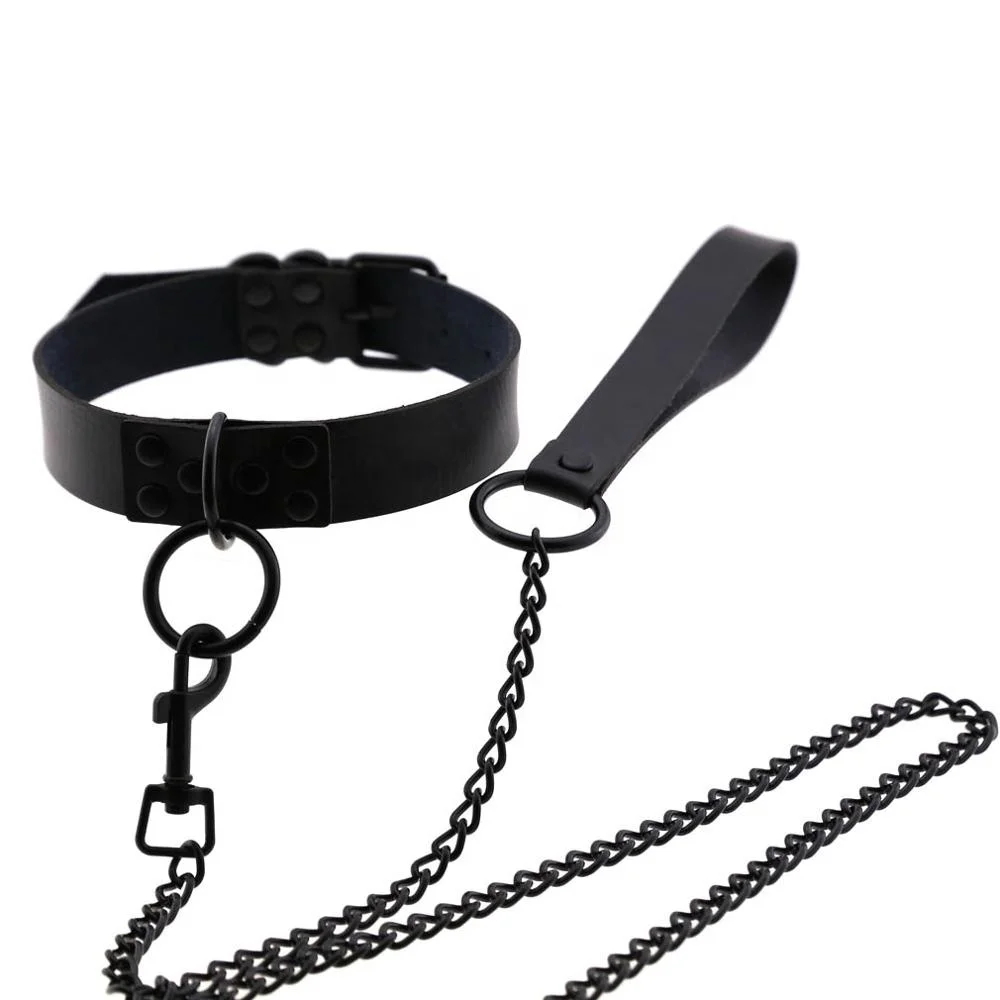 

Womens Man Dark Black Punk Gothic Wind Sexy Rivet Alternative metal Slave PU Leather Collar Traction Rope,BDSM Bondage Necklace, 16 colors to choosing