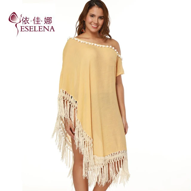 

Women's swimsuit tassel loose cover up lady one-shoulder bat sleeve fringed chiffon bikini beach dress