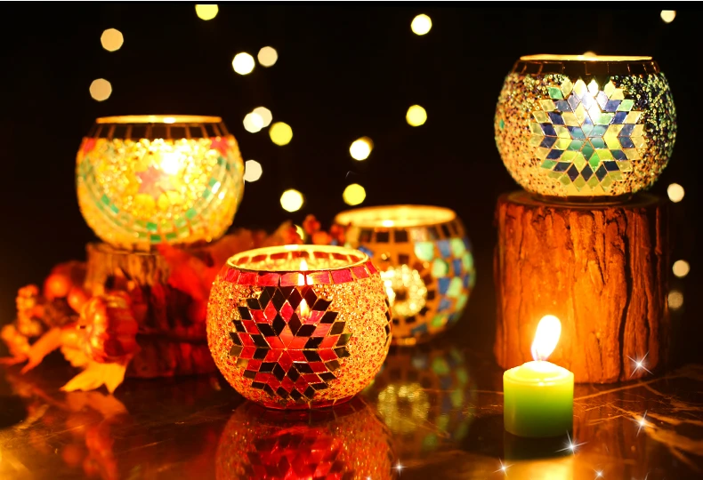 Unique turkish handmade glass mosaic candle holder for home decoration and wedding