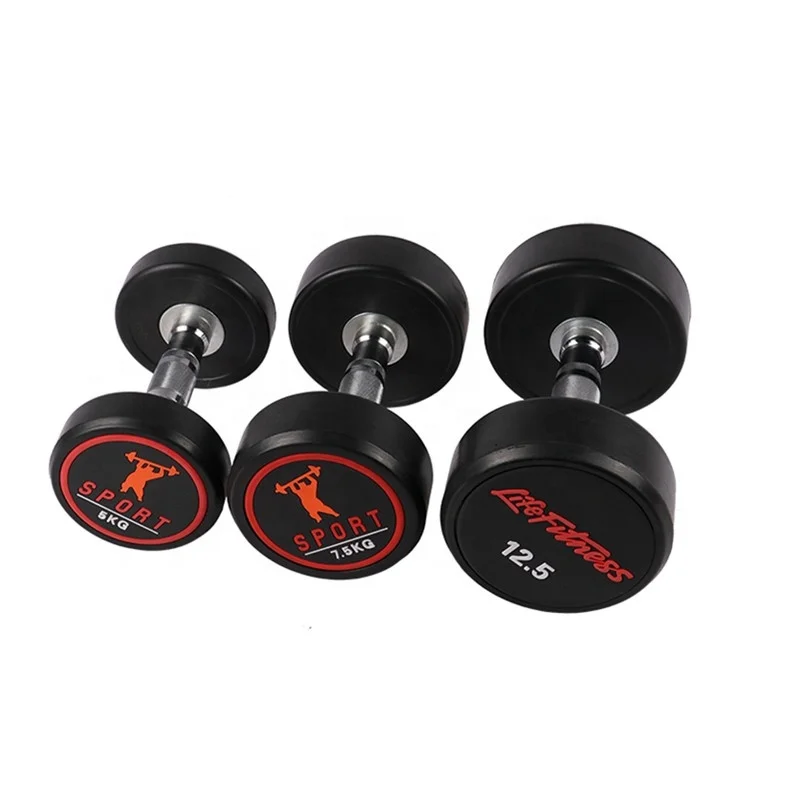 

Bodybuilding commercial polyurethane PU dumbbell rubber dumbbell set factory price, Black/red/blue