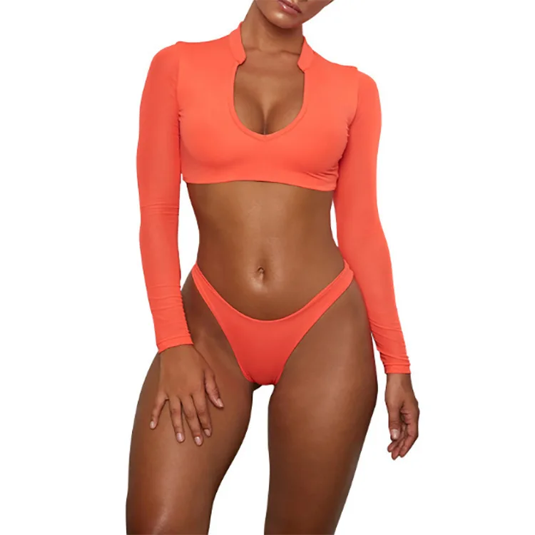 

Long Sleeve Sexy Neon Mesh Crop Top Thong 2 Piece Set Extreme Micro String Women Bikini Swimwear, Picture