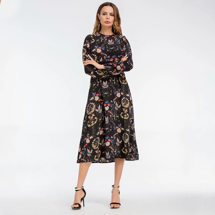 

Korean Autumn Black Floral Casual Fashion Latest Dresses Women Long Sleeve Designs