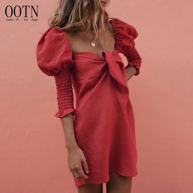 OOTN Three Quarter Puff Sleeve Mini Shirt Dress Female Beach Sundress 2020 Women Loose Casual Dresses Spring Summer Short Dress