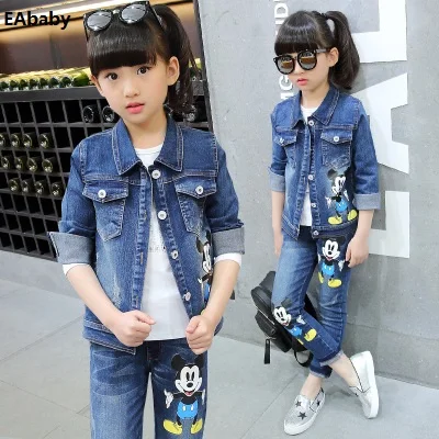 

Junior Girls children spring Jeans autumn sports casual cowboy Cartoon Mouse suit 2 sets, Picture