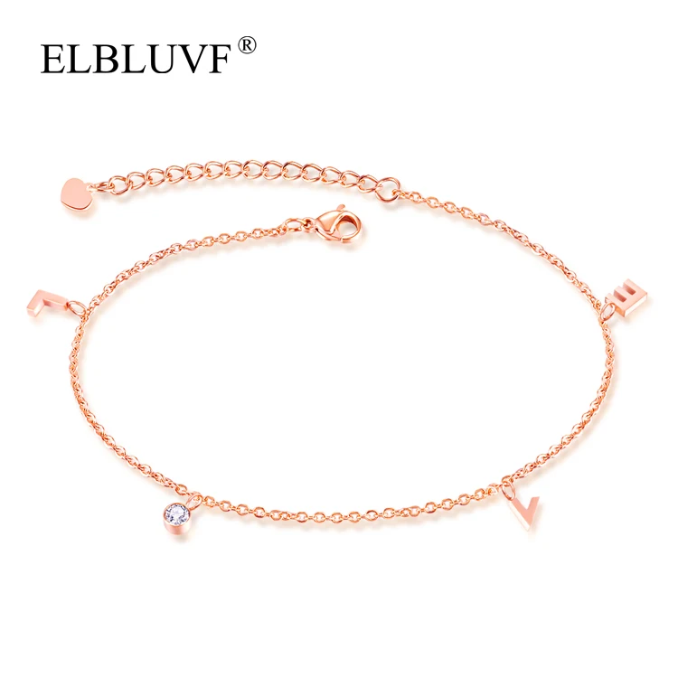 

ELBLUVF Stainless Steel LOVE Anklet Letter Pendant Anklet Zircon Jewelry For Girls/Ladies/Women, Rose gold