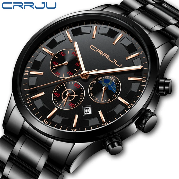 

CRRJU 2260 G Mens Top Brand Luxury Fashion Business Quartz Watch Men Sport Full Steel Waterproof Black Clock Relogio Masculino