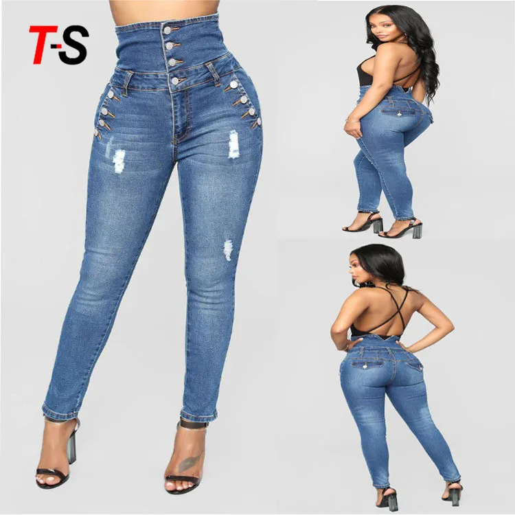 

High waist blue thin section jeans sexy elastic force slim fit jeans