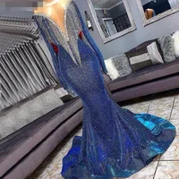 

Luxury Blue Tassel Beading Evening Dress Mermaid Long Sleeves Glitter Prom Dresses Gowns