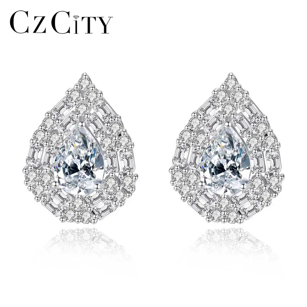 

CZCITY Luxury 925 Sterling Silver Stud Earrings Women's High Jewelry Water Drop Gemstone Christmas Gift