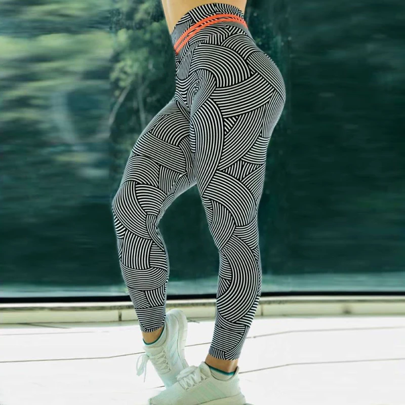 

High Waist Women Push Up Fitness Leggings Staggered Stripe Printing Trousers Casual Leggings High Waist Leggings, Pictures shows/customized upon request