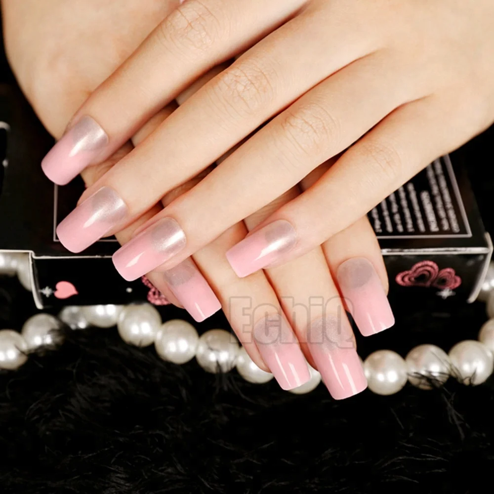 

Sweet Heart Gradient Pink Press On Nails Shiny Square Acrylic Nail Tips Nail Glitter Decoration 24pcs Z393