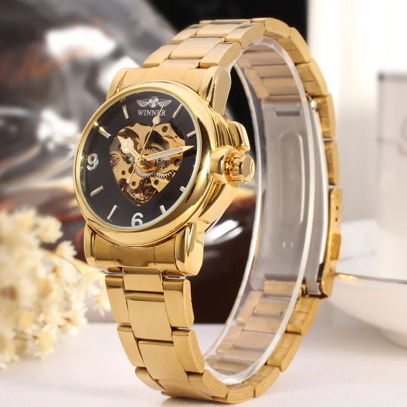 

Winner Watch Automatic Mechanical 2019 Lady Watch Golden Heart Shape Skeleton With Gold Stainless Steel Bracelet WristWatches, 4-color