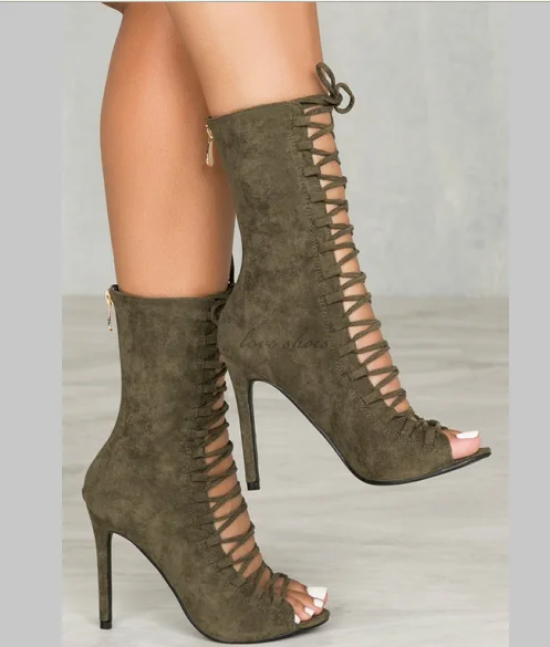 

Summer Front Lace Up High Heel Boots Wholesale Sexy Ladies High Heel Boots Guangzhou Women Shoes, Olive