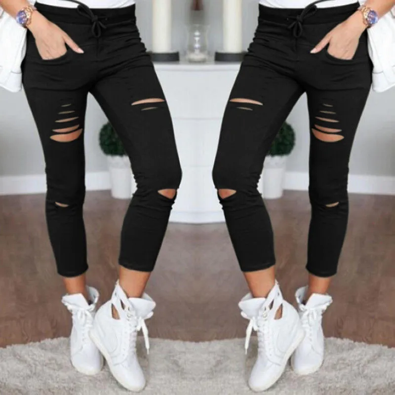 Womens Fashion Broken Hole Stretch Pants Casual Slim Pencil Pants Elasticity Tights Sexy Women