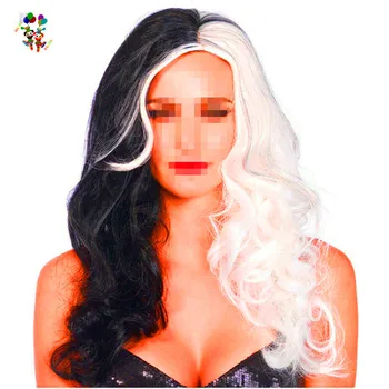Adult Half Black Half White Synthetic Halloween Party Wigs Hpc