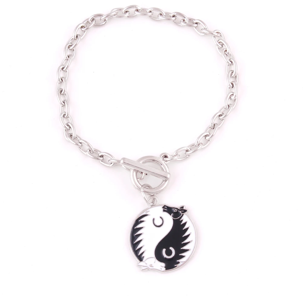 

B393 Trade Assurance Vintage Horse Yin Yang Pendant Tao Yinyang enameled Horses Religious Amulet Link Chain Bracelet, As picture