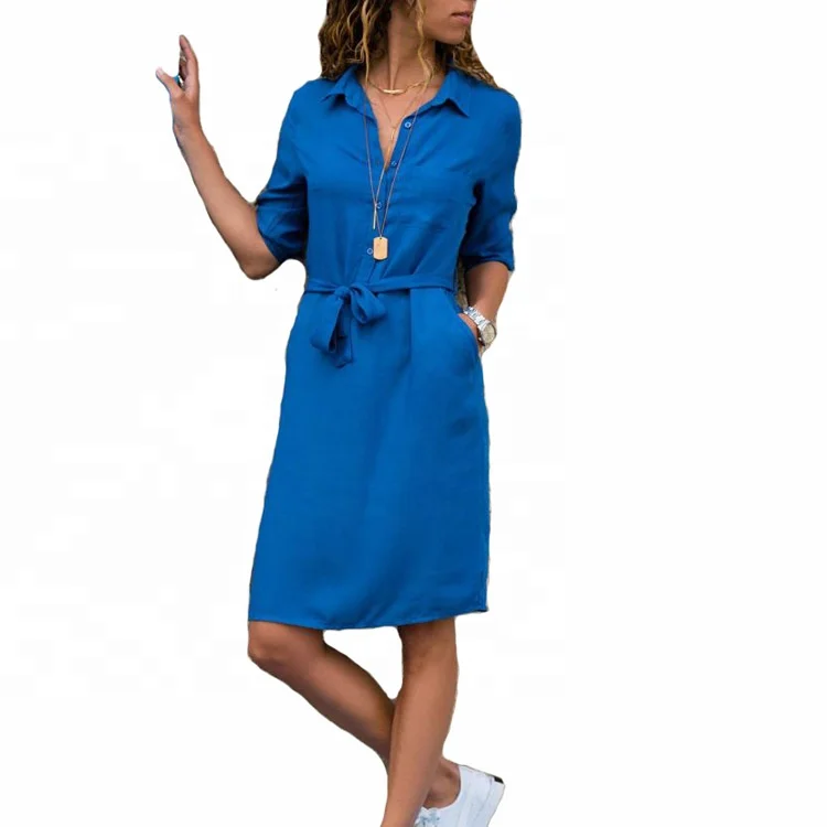 

Autumn and winter solid color clothing lapel three quarter sleeve casual t shirt dress, Picture;4 color