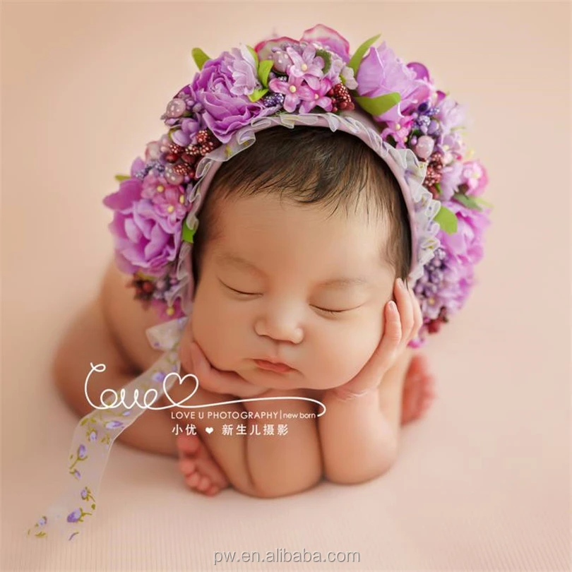 Newborn Sitter Floral Bonnet Knit Baby Flower Bonnet photography props Newborn or sitter floral hat photo props