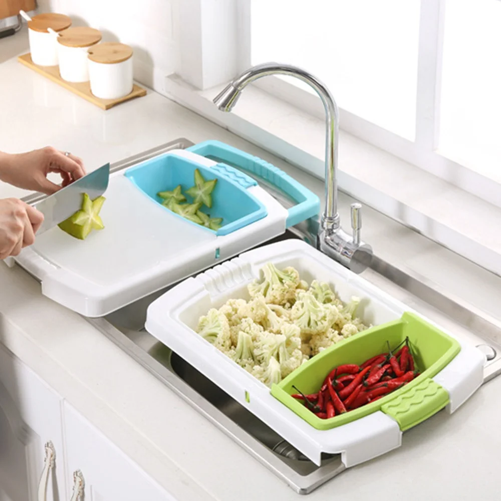 

2021 Kitchen New Design Creative Multifunction Chopping Board Water Drain Storage Basket Plastic Cutting Board With Strainer, Blue,green