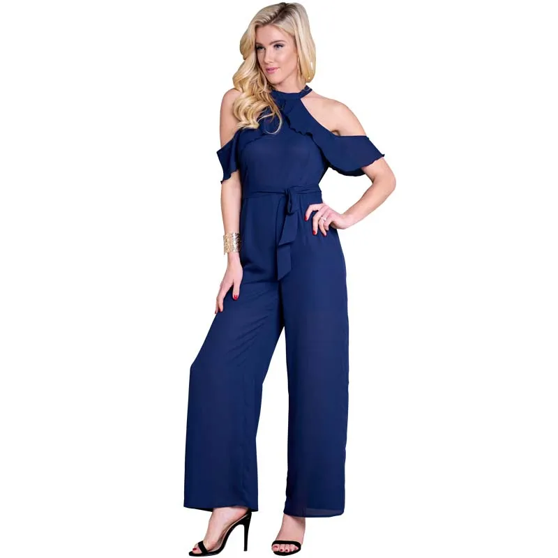 

Latest design quality scarlet chiffon high waist slim blue halter neck ruffle cold shoulder sexy backless women jumpsuits 2018