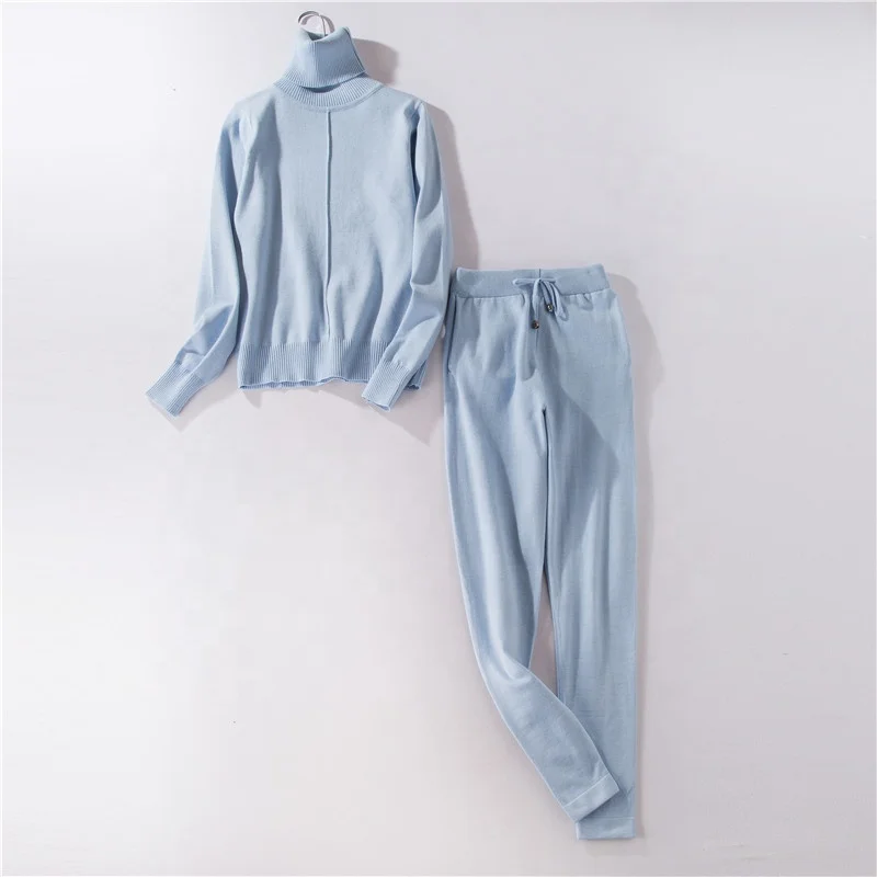 

B23442A Fashion Women Turtleneck sweater suit knitted trousers suit