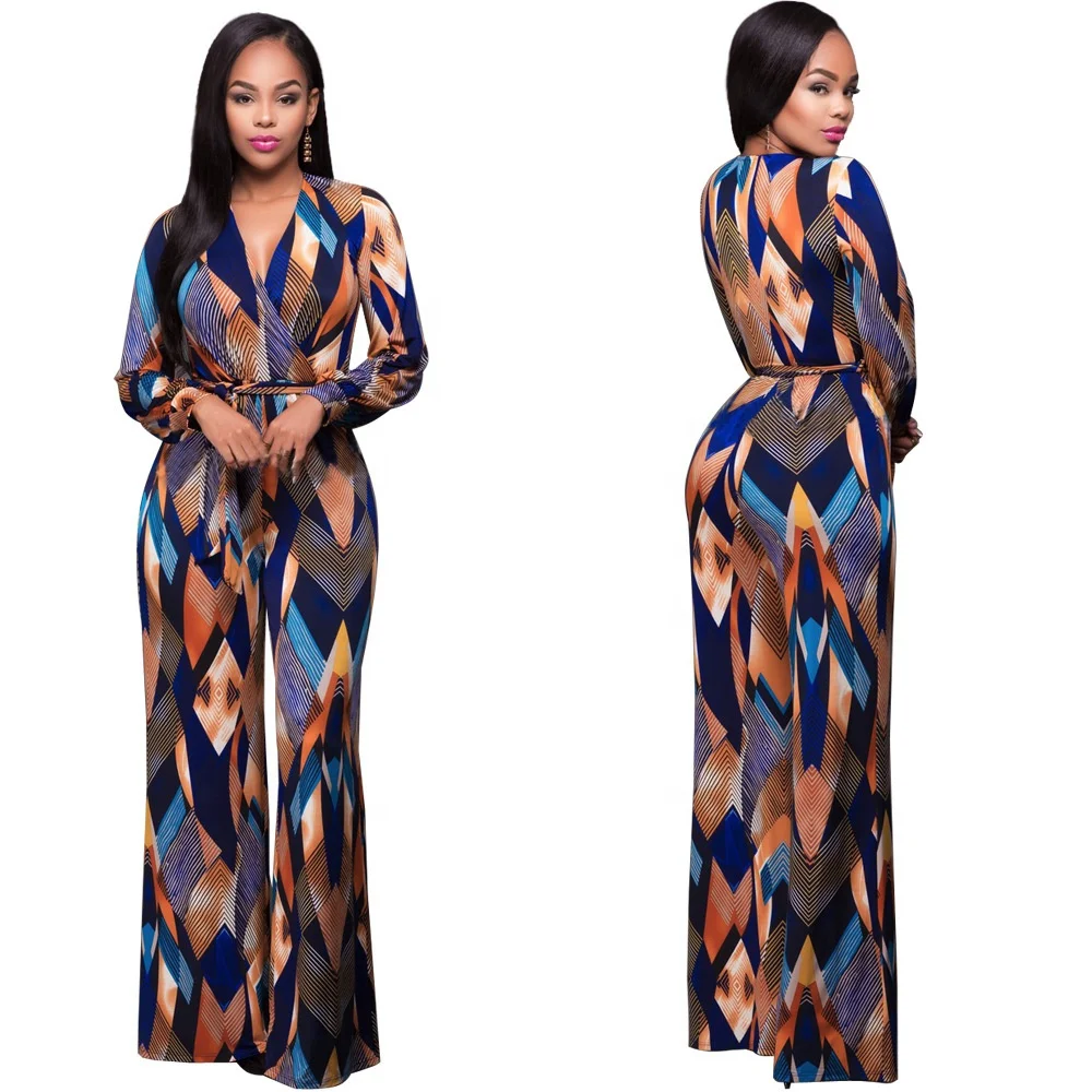 

Printed Bandage V Neck Full Sleeve Leisure Women Long Wide Leg Jumpsuits, Customized color