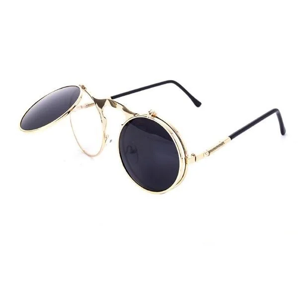 

2021 metal frame Unsex Circle Round UV400 vintage hip-pop steampunk flip up sunglasses, Seven stock colors
