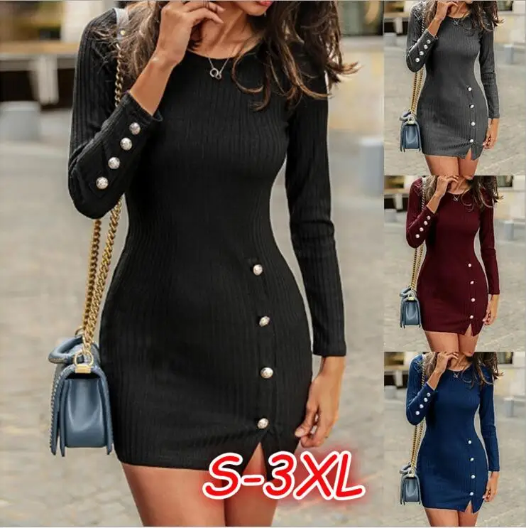 

Walson Women's Sexy Long Sleeve round Neck Button Down Bodycon Club Mini Dress